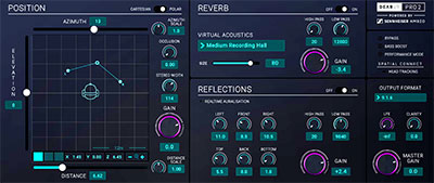 The dearVR PRO 2 graphical interface with XYZ position, early reflections, late reverb, and output sections