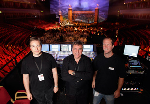 FOH engineer Derrick Zieba with Colin Pink and systems engineer Adam Smith at the Classic Brits