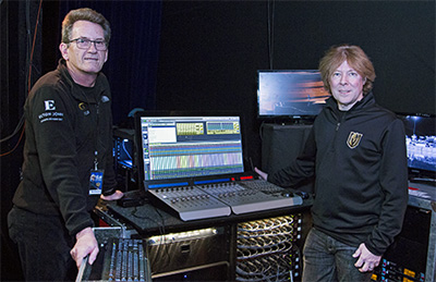 Alan Richardson at the monitor rig   with Lindsay Vannoy, Piano Systems Engineer