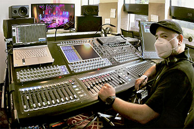 Rafael Rosales manning the broadcast mix from Jones Hall’s ticket booth for ABC 13 on a DiGiCo SD10