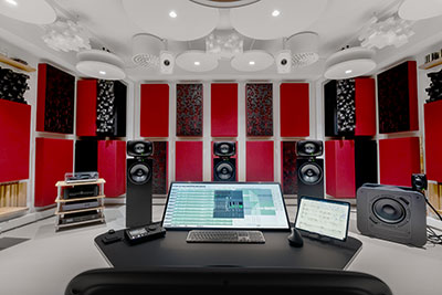 Morten Lindberg’s postproduction studio, featuring Genelec Smart Active Monitors™ and woofer systems in a 7.1.4 configuration