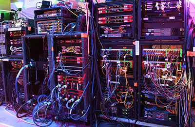 ATK Audiotek%u2019s gear rack room at Super Bowl LVIII, featuring Focusrite RedNet components (Pic: Bill Brungard)