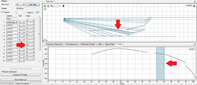 Hovering the mouse over the side views or the splay angle dropdown list will highlight the area covered by two adjacent line array elements Focus 3