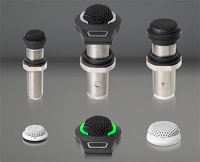 ES945O/TB3, ES945O/FM5 and ES945O/XLR Omnidirectional Condenser Boundary Microphones; bottom row: ES947WC/TB3, ES947C/FM3 and ES947WC/XLR Cardioid Condenser Boundary Microphones