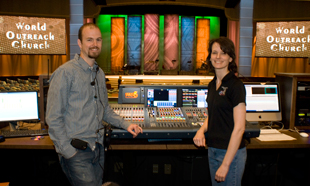 Technical Director Derric West with volunteer Jane Luethmers