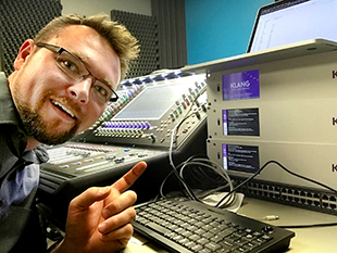 Good News Band Leader Aaron Ott with the three KLANG:fabrik units during the system’s pre-staging prior to the final installation