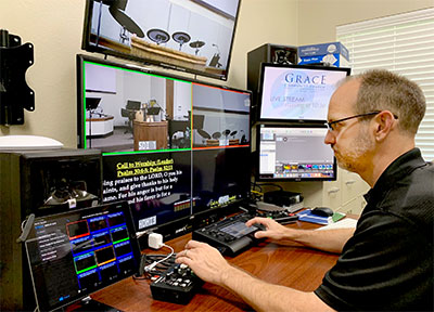 Chris Blake operates the JVC Controller at Grace Community Church 