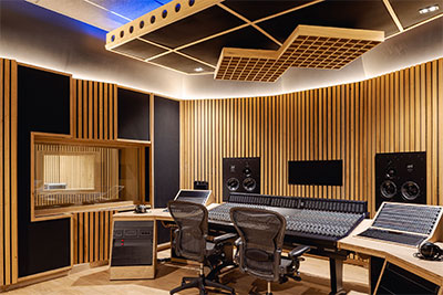 Flow Studios control room with SSL Origin mixing console