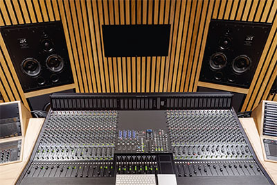 Flow Studios control room with SSL Origin mixing console