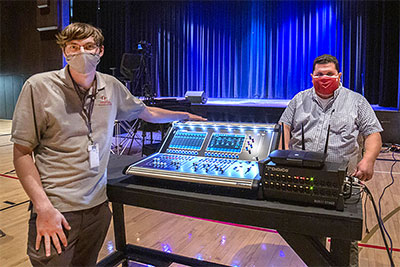 OCS' Jonathan Hagberg and David Alexander (right) with the new DiGiCo S21 digital console in the school’s Bedrosian Pavilion