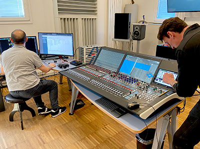 Massimo Carli and Chris Hamilton with the new console in the BH Studio
