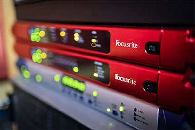 Equipment rack at Full Sail University, housing Focusrite RedNet units