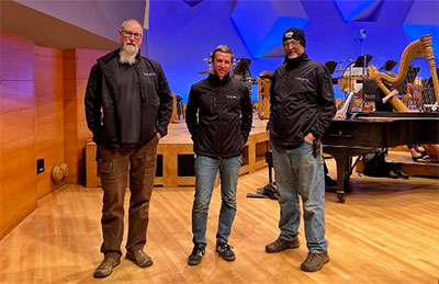 Audio Engineering Assist and Install Tech Jim Pfitzinger, Technical Director Joel Mooney, and Head Audio Engineer Jay Perlman