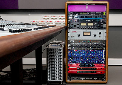 Equipment rack at Resonance, featuring Focusrite RedNet MP8R and AM2 interfaces