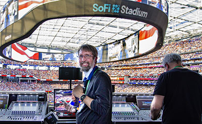 ATK Audiotek’s Kirk Powell at the 2022 Super Bowl, using components including Focusrite RedNet interfaces (Pic: Christian Hugener)