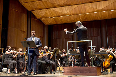 Vocalist Lawrence Brownlee alongside Italian conductor Maestro Corrado Rovaris during Opera Philadelphia’s An Evening of Vocal Fireworks: Amici e Rivali