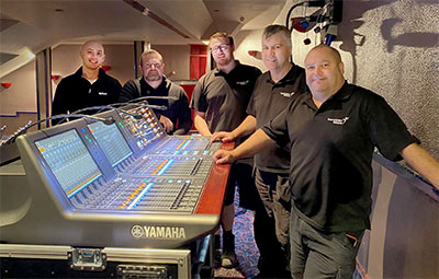 Tom Rundle (Yamaha) and James Baker (SSE) with Jason Butterworth, Andy Hughes and Leon Lloyd from Pavilion Theatre Rhyl