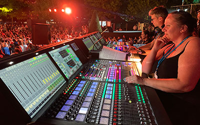 Lawo mc²56 MkIII consoles lined up at FOH for the Concert de Pais