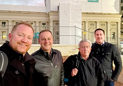 Mike Heard (PAT), Craig Thorne (NZSO), John Neill (NZSO Consultant Engineer) and Keith Prestidge (Lawo) outside Wellington Town Hall during construction