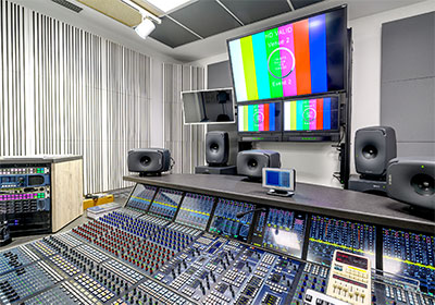 Stereo and surround monitoring systems in the music studio of the Fabrizio Frizzi television facility