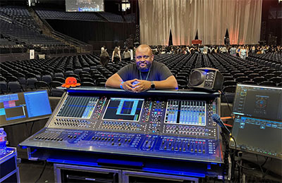 Moshe Davenport pictured with one of the two DiGiCo Quantum338 consoles on Kehlani’s Blue Water Road Trip
