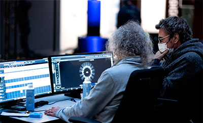 Jean-Michel Jarre and sound designer Hervé Déjardin working on Oxymore using L-ISA Studio