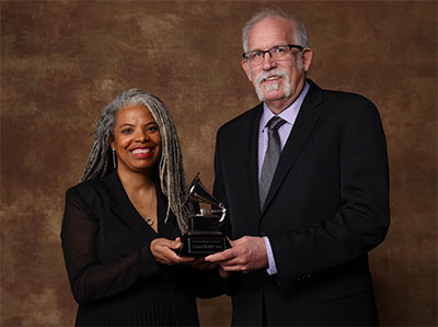 AES President-Elect Leslie Gaston-Bird (left) and President Bruce Olson accepted a Technical GRAMMY® Award on behalf of the Audio Engineering Society during the GRAMMY® Week celebration in February 2023