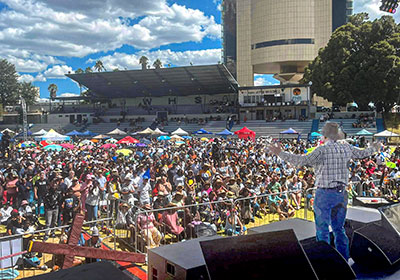 Angus Buchan addresses the crowd at Speak Jesus in Windhoek