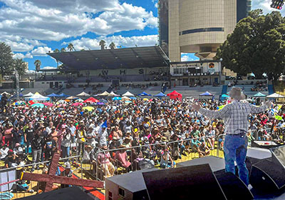 Angus Buchan addresses the crowd at Speak Jesus in Windhoek