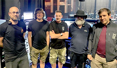 Miles Barton FOH and System Technician, Mark Hawley FOH Engineer, Neil Heal Monitor Engineer, Andy Yates Stage and Monitor Technician and Alex Penn 22live Commercial Director