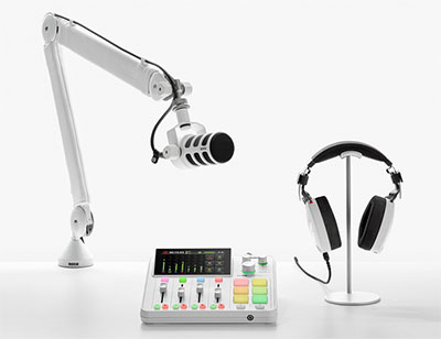 The White Collection features the RØDECaster Duo, PodMic, PSA1+ and NTH-100