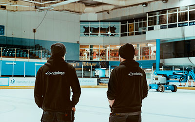 NoiseBoys Technologies crew at Spectrum Leisure Complex ice rink during the installation