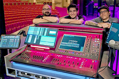 Anton Foresta, Michael Perez (A2), and Gabe Katz (A1) at The Parker%u2019s new DiGiCo Quantum225 desk