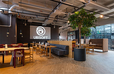 The main atrium reception area at Ubisoft Stockholm