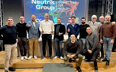 Steven Vreven, Regional Sales Manager South & West Europe Neutrik EMEA (fourth from left) with Exhibo’s Massimo Tosatto (Neutrik-dedicated Product Specialist, second from left) and Andrea Calosso (Pro Business Unit Manager, fifth from left)