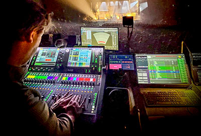 At FOH, an L-ISA Processor II handles all real-time object-based audio rendering, alongside a P1 Processor for system tuning and LA Network Manager on a dedicated Mac Mini