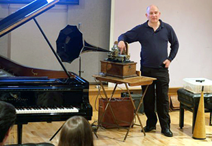 Duncan Miller with wax recording set-up Duncan Miller